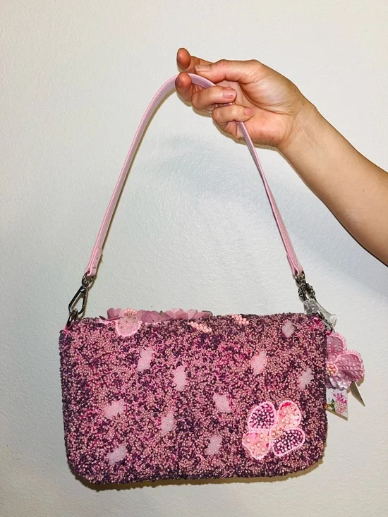 NWT Viral Pink Beaded Floral Shoulder Bag Y2K Mini Purse Statement - Picture 2 of 3